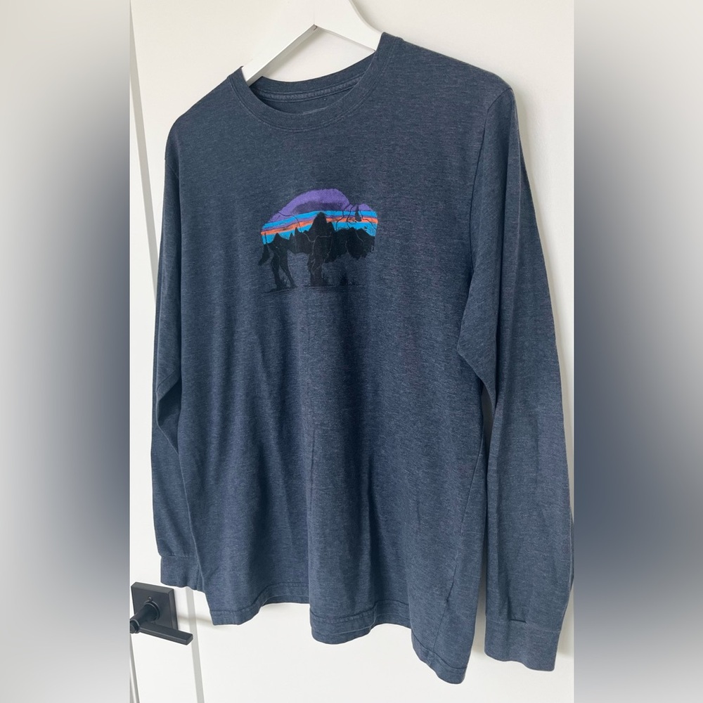 Patagonia Fitz Roy Bison Long Sleeve Shirt Men's L Blue Crew Neck Jackson Hole - Picture 3 of 9